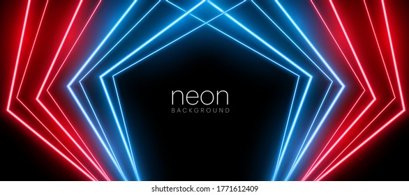 Sci Fi Futuristic Modern Retro Vibrant Neon Glowing Laser Led Fluorescent Lumionous Purple Ultraviolet Pink Blue Triangle Shaped Line Tubes Glowing On dark Floor 3D Rendering.