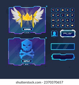 Sci Fi Futuristic Set Buttons Bar Winner Reward And Defeat Game UI Pages Isolated Blue And Golden Colors  Vector Design