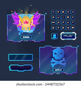 Juego Futurista Botones Bar Victory Ganador Recompensa Y Derrota Juego UI Páginas Aislados Azul Y Dorado Colores Diseño de Vector