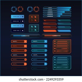 Sci fi futuristic UI elements set, vector icons, buttons, loading progress bar, mouse arrows