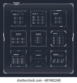 Juego de bloques de marcos de texto cuadrado de interfaz de usuario futurista de Sci Fi. HUD abstracto