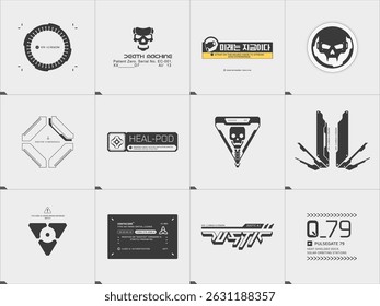 sci fi graphic collection, futuristic decal, sign, label set.
