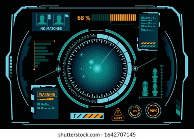 Sci fi hologram control dashboard in HUD style  with luminescent radar in centre vector illustration  