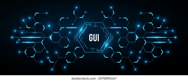 Sci Fi HUD dashboard of hexagons with glowing circuit board. Futuristic user interface. GUI and UI design. Modern technology banner. Vector illustration. EPS 10.