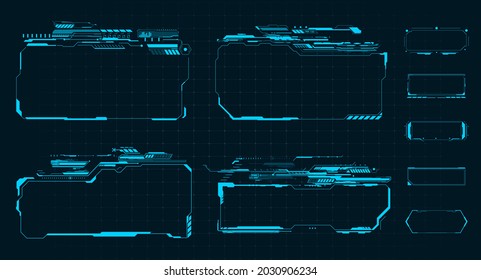 Sci Fi HUD moderno interfaz de usuario futurista cuadrado bloques de marcos Set.  Ventana de holograma digital de pantalla de alta tecnología. Fondo tecnológico con interfaz de tablero HUD. Ilustración del vector