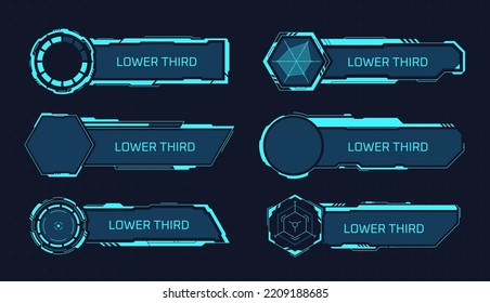 SciFi-Banner mit niedrigerem Drittel. Hud Video-Bildschirm unten dritt-Banner, Anzeige callout Effekte News-TV-Kanal oder futuristischen Spielraum, Tech-Digital-Boxen garish Vektorgrafik der hud Box digitalen