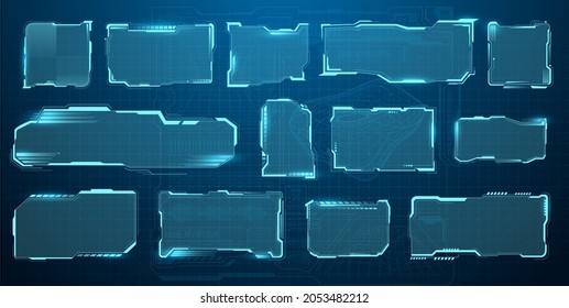 Sci Fi modern futuristic user interface square. Hologram high tech screen, modern interface window.  HUD tech and digital cyber frames gaming menu  touching cyber monitoring set. Vector illustration