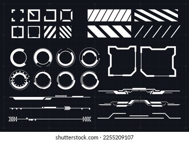  Sci Fi modern user interface elements. futuristic abstract HUD frame screen, button, loading, text isolated on black background. GUI elements for game. Data information infographic. Vector