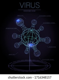 sci fi molecule shape interface screen futuristic HUD fantastic space ship. virus, bacteria, microbe structure atoms form and sign genetics illustration dark background wallpaper black and neon glow