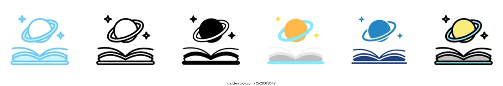 Sci Fi multi style, mini illustration icon set. outline, flat, glyph, line color. vector for UI, UX, app, web, digital or print, related to international literacy days, education.