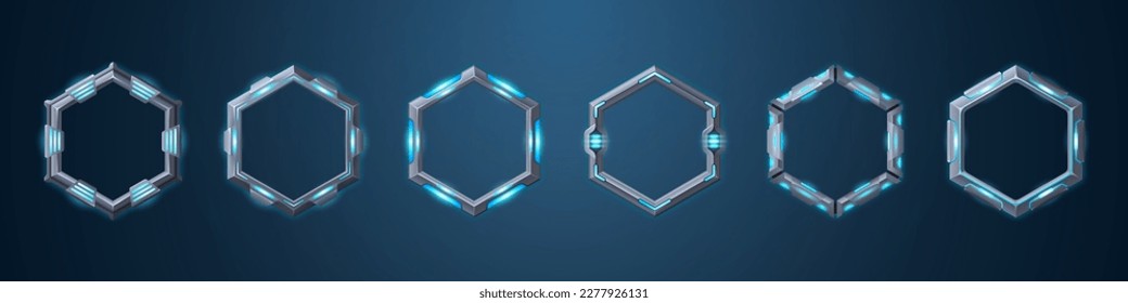 Sci fi neon game rank avatar metal hexagon frame vector set. Cartoon isolated futuristic iron level border badge on dark background. Steel user asset kit. Empty silver ranking template illustration.