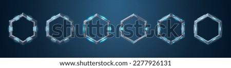 Sci fi neon game rank avatar metal hexagon frame vector set. Cartoon isolated futuristic iron level border badge on dark background. Steel user asset kit. Empty silver ranking template illustration.