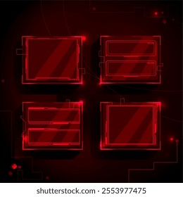 Sci fi notification frames with glowing red thin lines on dark background. Connected by digital circuit outlines with luminous dots. Game overlays or futuristic interface rectangular elements.