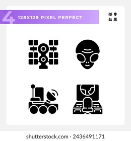 Sci fi pixel perfect black glyph icons set on white space. Space mission. Cosmic galaxy. Science fiction. Extraterrestrial life. Silhouette symbols. Solid pictogram pack. Vector isolated illustration