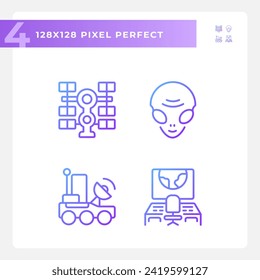 Sci fi pixel perfect gradient linear vector icons set. Space mission. Cosmic galaxy. Extraterrestrial life. Thin line contour symbol designs bundle. Isolated outline illustrations collection