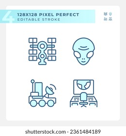 Sci fi pixel perfect light blue icons. Space mission. Cosmic galaxy. Science fiction. Extraterrestrial life. RGB color. Website icons set. Simple design element. Contour drawing. Line illustration