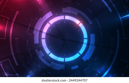 Sci fi space station corridor or futuristic spacecraft interior. Futuristic CPU panel with glowing HUD circle. Portal science futuristic stage. Sci-fi digital hi-tech. Technology innovation. Vector.