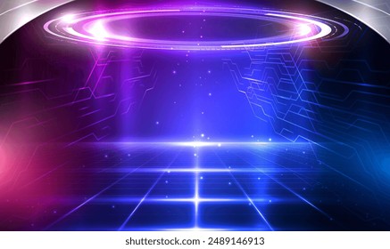 Sci fi space station corridor with futuristic HUD portal, holograms teleport. Sci-fi digital hi-tech stage. Cyberpunk blue and pink color neon space technology. Technology innovation.Tech Vector EPS10