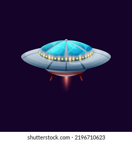 Sci Fi Spacecraft Invader Spaceship Intergalactic Flying Extraterrestrial Alien Ship With Dome Abd Glowing Flame Isolated. Vector Unknown Flying Object Cartoon Craft Animation Game Design Element