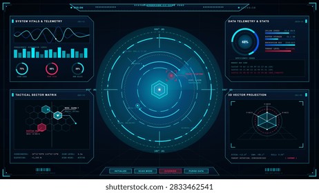 Sci fi style vector dashboard showing a central radar display with telemetry charts, graphs, and technical interface panels