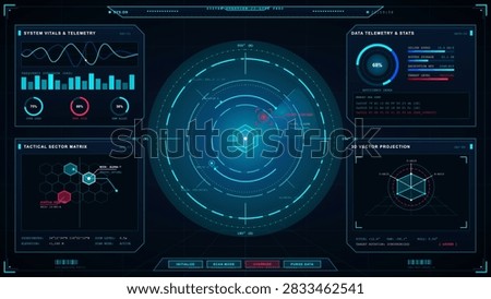 Sci fi style vector dashboard showing a central radar display with telemetry charts, graphs, and technical interface panels
