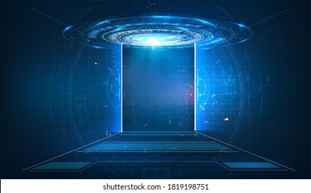 Sci fi tech cyber futuristic design concept background. Door on neon glowing futuristic background. New technologies coming to human life, high-tech. Vector illustration