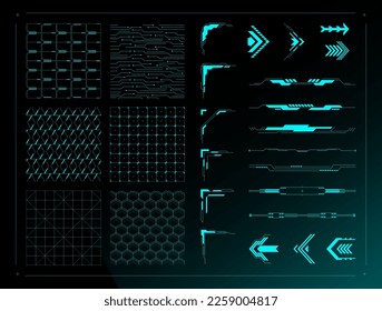 Sci fi UI design elements. Cyberpunk grid background textures, futuristic divider borders, abstract HUD corners and arrows vector set. Technological frames, science innovation design