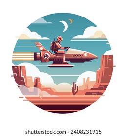 Ilustración vectorial de Sci fi de un astronauta piloteando un aerodeslizador, moto acuática sobrevolando el cañón del desierto, vista lateral, enmarcaje redondo