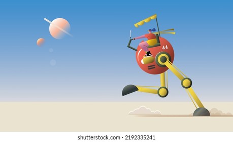 Sci fi vector illustration of a cartoon flat character riding a futuristic all-terrain mecha vehicle through the deserted space landscape, atompunk nomad woman drives a two legged chicken walker. 