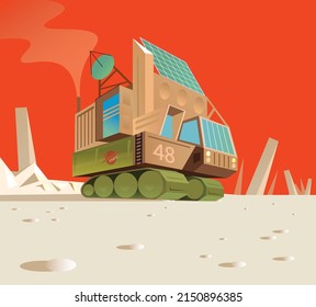 Sci fi vehicle on a caterpillar tread exploring a planet surface, futuristic mars colonisation rover, concept art, space lander, vector illustraton