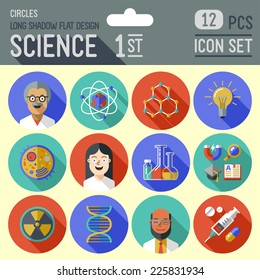 Science 1st circles icon set. Flat design long shadow. Vector illustration.