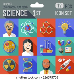 Science 1st squares icon set. Flat design long shadow. Vector illustration.