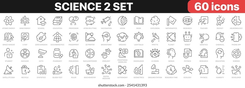 Science 2 set line icons collection. Technology, research, medicine, education, robotic, school icons. UI icon set. Thin outline icons pack. Vector illustration EPS10