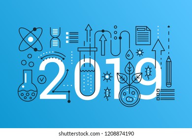 Science 2019 word trendy composition concept banner. Outline stroke school, university education, science and chemistry, discovery world. Flat line icons lettering typography.