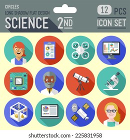 Science 2nd circles icon set. Flat design long shadow. Vector illustration.
