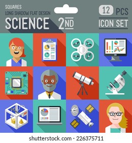 Science 2nd squares icon set. Flat design long shadow. Vector illustration.