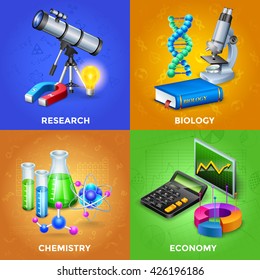 Science 2x2 design concept set with equipment for chemical biological and physical research vector illustration 