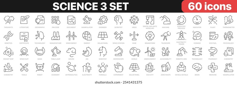 colección de iconos de línea de conjunto de Ciencia 3. Tecnología, investigación, medicina, educación, robótica, iconos escolares. Conjunto de iconos de interfaz de usuario. Paquete de iconos de contorno delgado. Ilustración vectorial EPS10