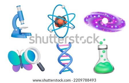 Science 3d icon set. Study and knowledge. Physics, chemistry, biology, astronomy. Sciences. Isolated icons, objects on a transparent background