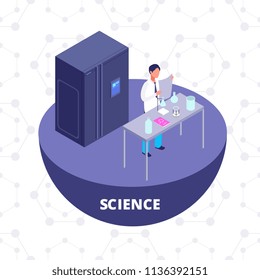 Science 3d isometric research lab with laboratory equipment and scientist vector illustration. Chemistry laboratory 3D icon isolated