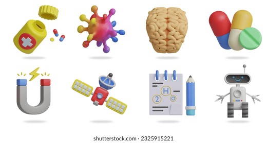 science 3D vector icon set.
pharmacy drug health,virus,brain,pills,magnet,satellite,note and pencil,robot