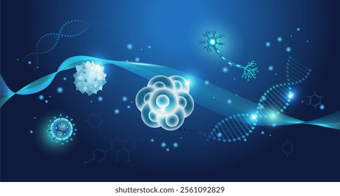 Science abstract background with Stem Cells, nerve cell, erythrocyte and GENE. Scientific banner for medicine, biology, chemistry or physics template.