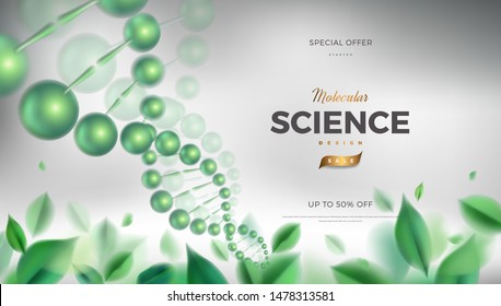 Science abstract vector background design with DNA molecular structure. 3d molecules or atoms model illustration, scientific banner for medicine, biology, chemistry or physics template