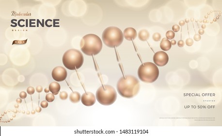 Science abstract vector background design with DNA molecular structure. Golden 3d molecules luxury illustration, scientific banner for medicine, biology, cosmetics template