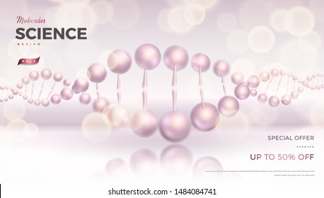 Science abstract vector background design with DNA molecular structure. Soft pink color 3d molecules luxury illustration, scientific banner for medicine, biology, cosmetics template