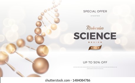 Science abstract vector background design with DNA molecular structure. 3d molecules or atoms model illustration, scientific banner for medicine, biology, chemistry or physics template