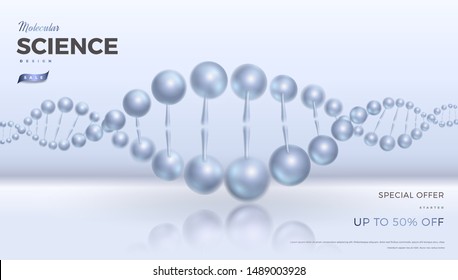 Diseño científico abstracto de fondo vectorial con estructura molecular de ADN. Moléculas de color azul claro 3d ilustración de lujo, banner científico para medicina, biología, plantilla cosmética