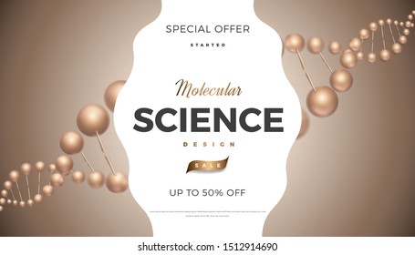 Science abstract vector background design with DNA molecular structure. Golden 3d molecules luxury illustration, scientific banner for medicine, biology, cosmetics template