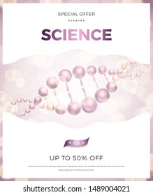 Science abstract vector vertical design with DNA molecular structure. Soft pink color 3d molecules luxury illustration, scientific flyer for medicine, biology, cosmetics template