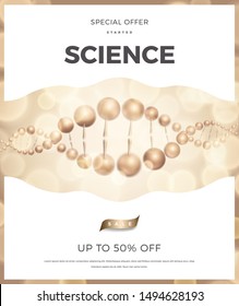 Science abstract vector vertical design with DNA molecular structure. Soft pink color 3d molecules luxury illustration, scientific flyer for medicine, biology, cosmetics template